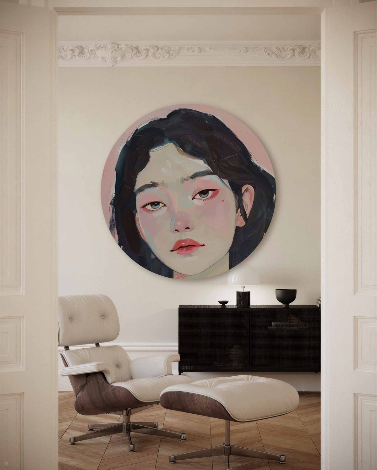 Portret vrouw – muurcirkel met kleur en vormen voor aan de muur