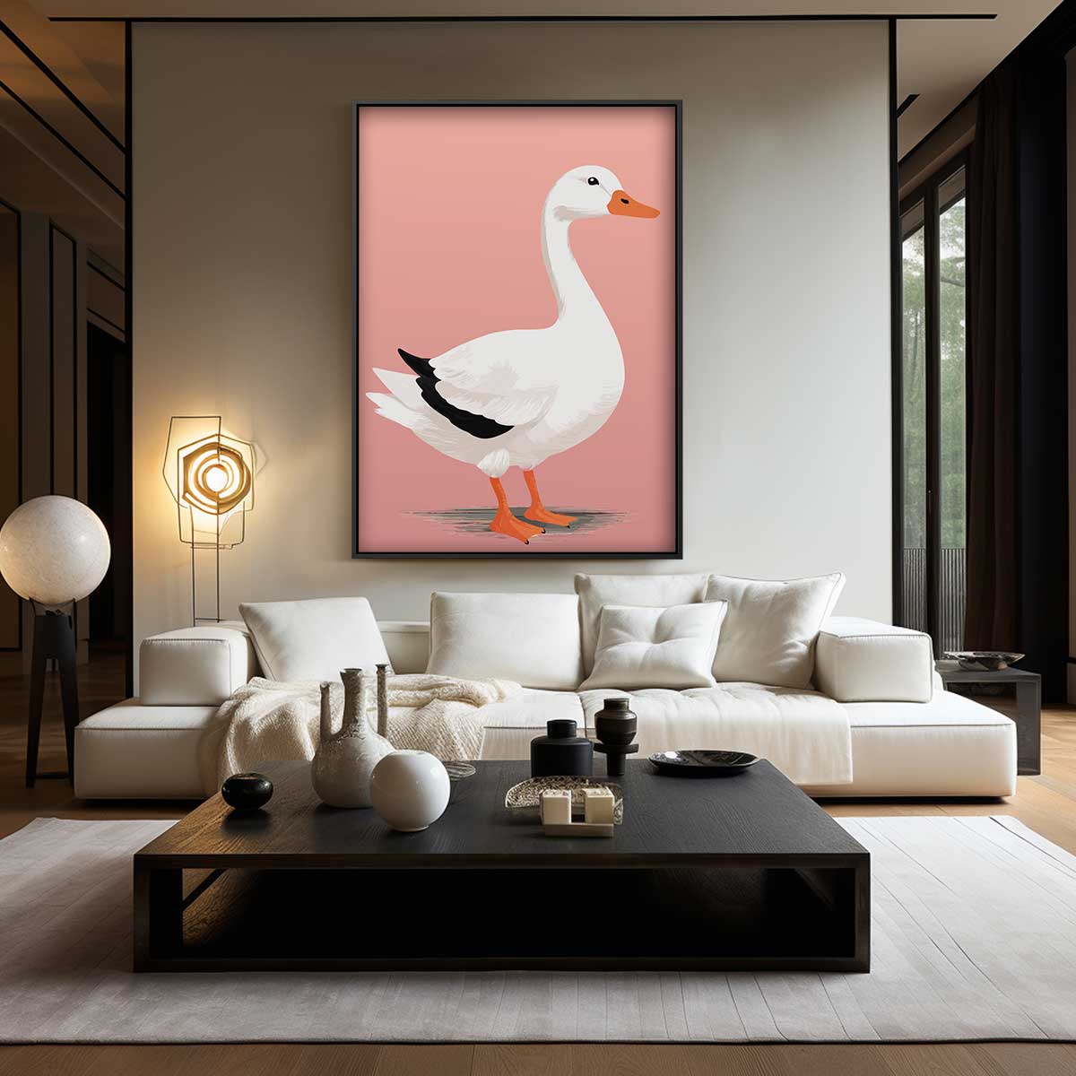 Stijlvolle Witte Gans Illustratie – kunstwerk met zwarte baklijst