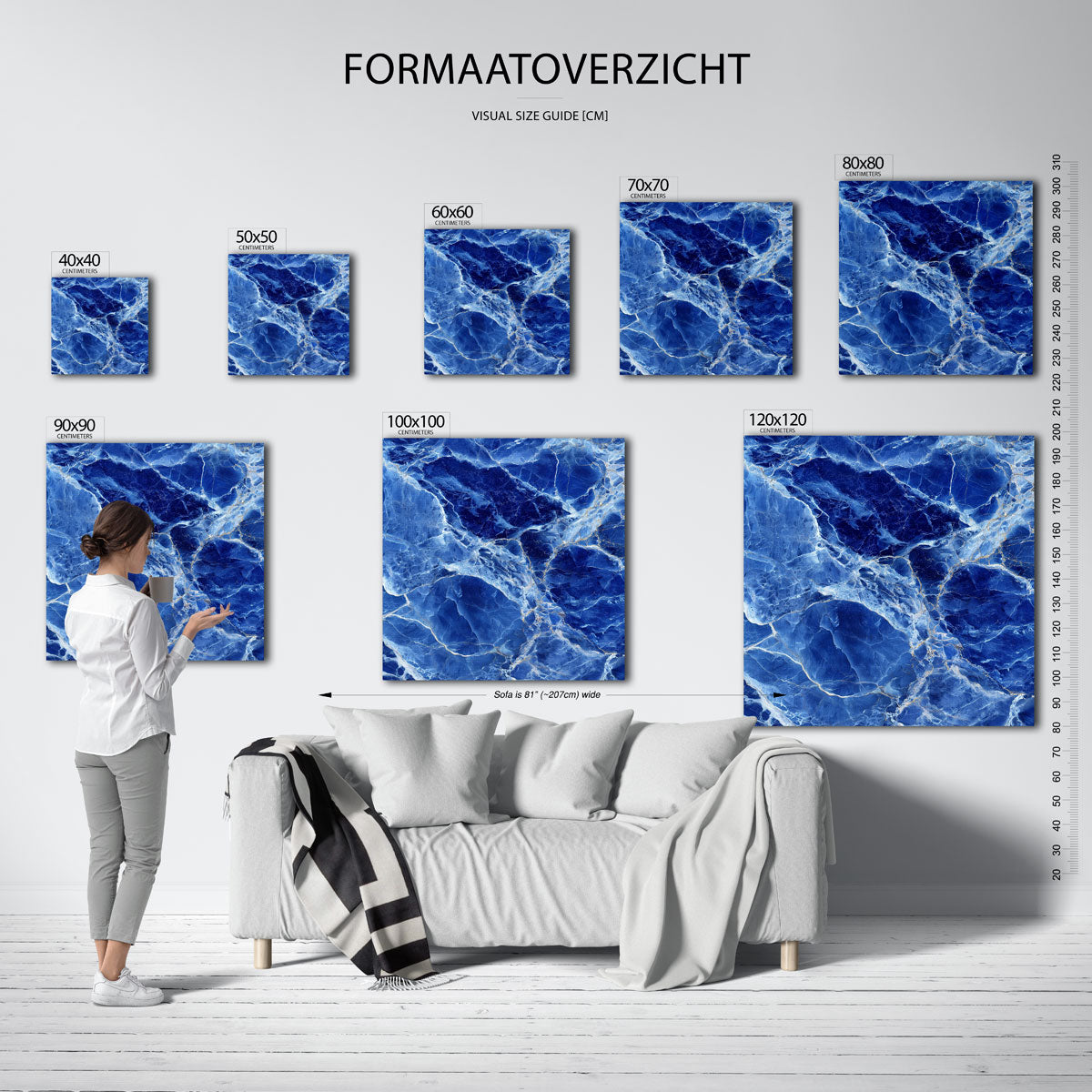 Blauwe marmerstructuur – vierkante muurposter met abstracte vormen