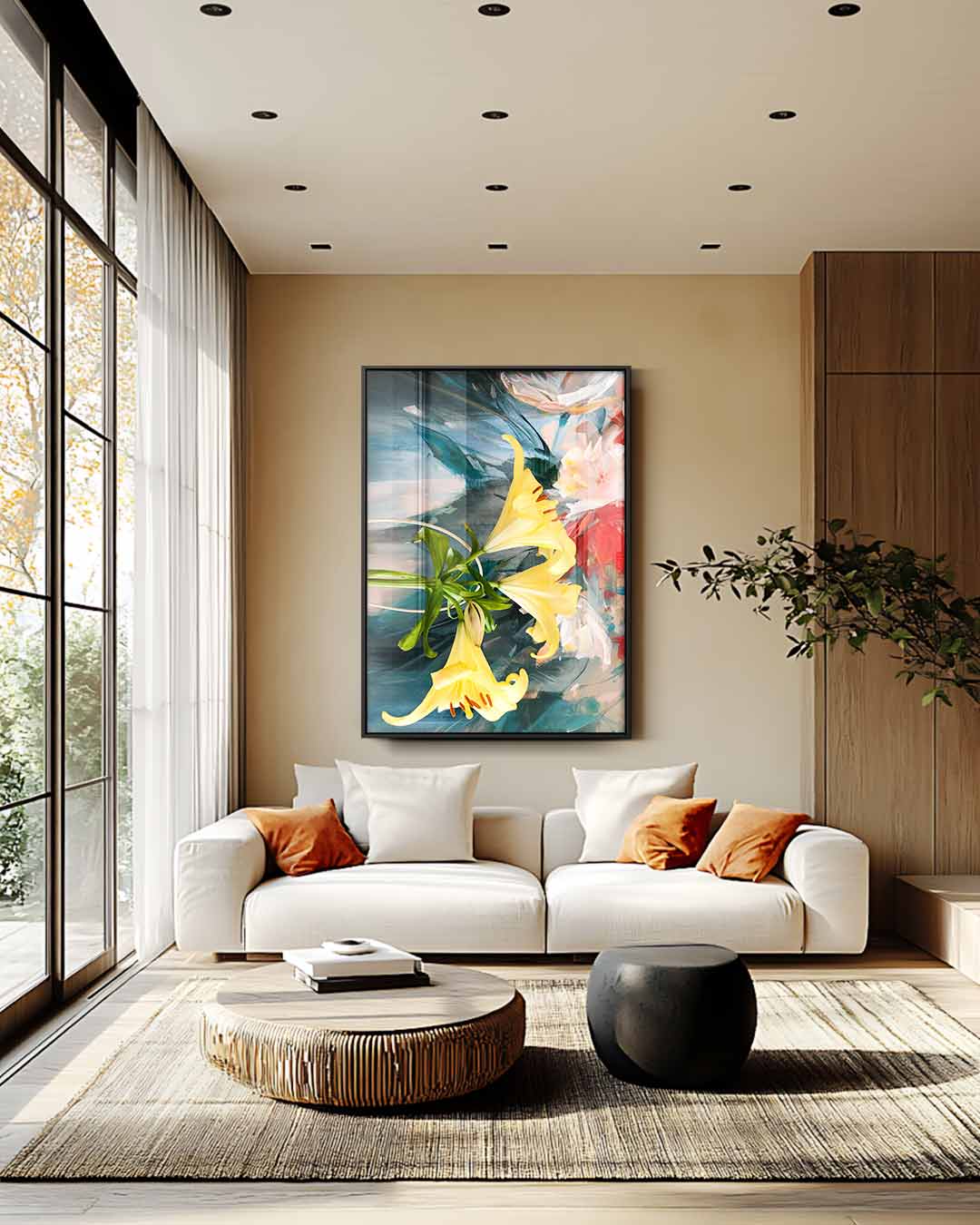 Bloemenexplosie in Geel – staand kunstwerk voor modern interieur