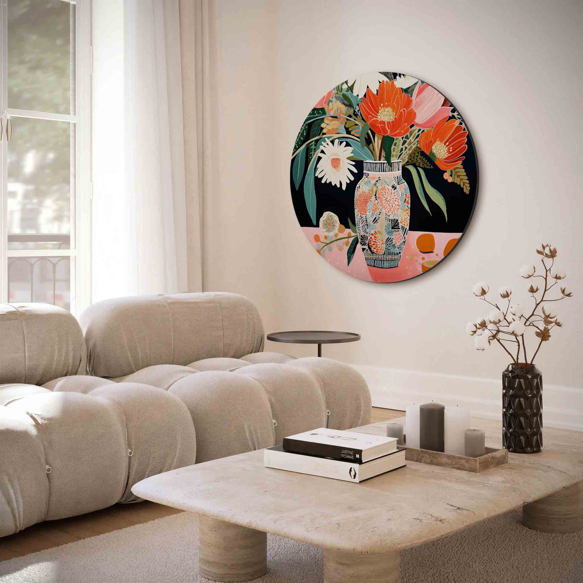 Bloemen in vaas – muurcirkel met abstracte texturen voor aan de muur