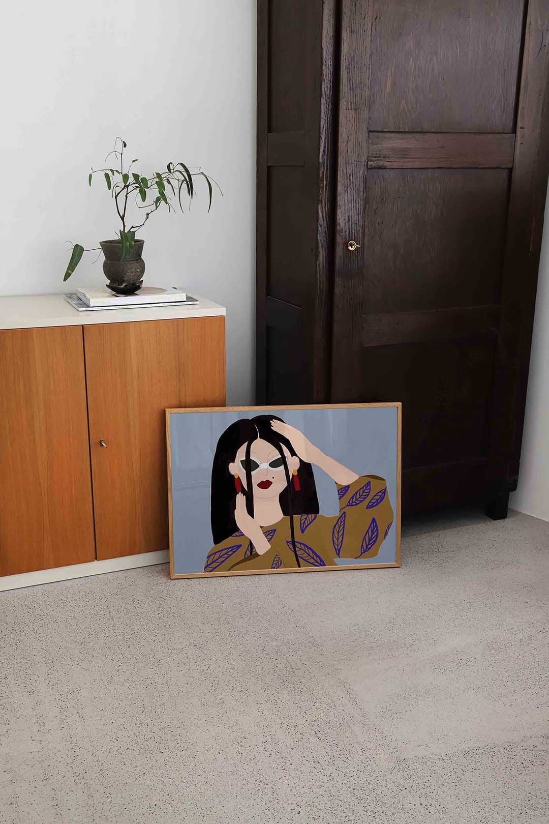 Vrouw met zonnebril – hedendaagse illustratie als liggende poster