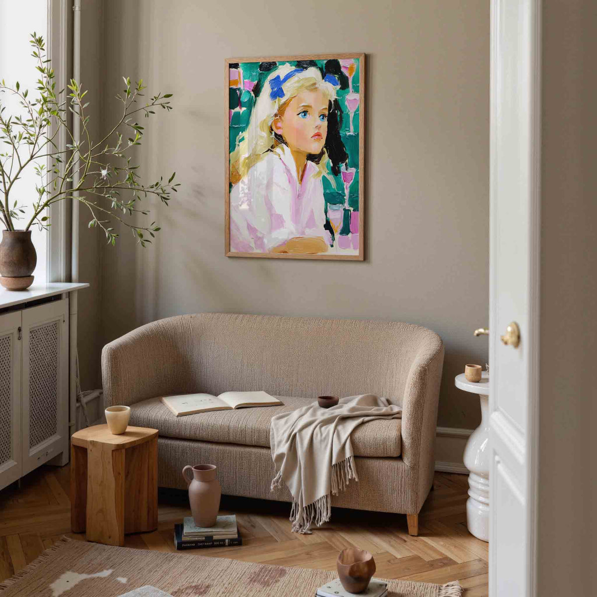 Meisje met blauwe strik – illustratie poster in staand formaat
