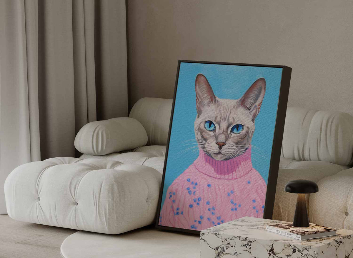 Kat in Roze Trui Portret – portret kunstwerk als wanddecoratie, afbeelding 13