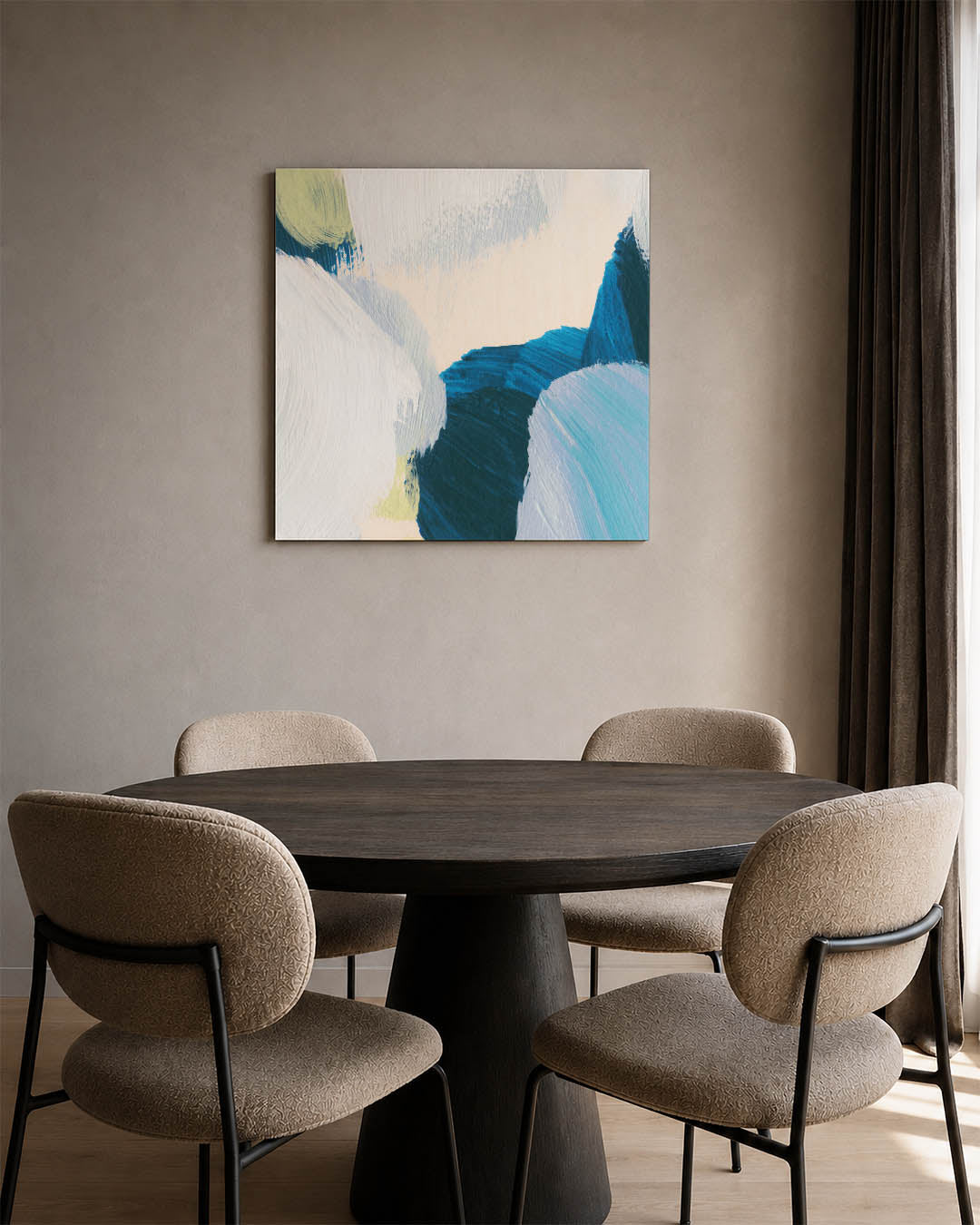 Dynamische kleurencompositie kunstwerk – derde productweergave – dit kunstwerk toont een levendige mix van blauwe en groene