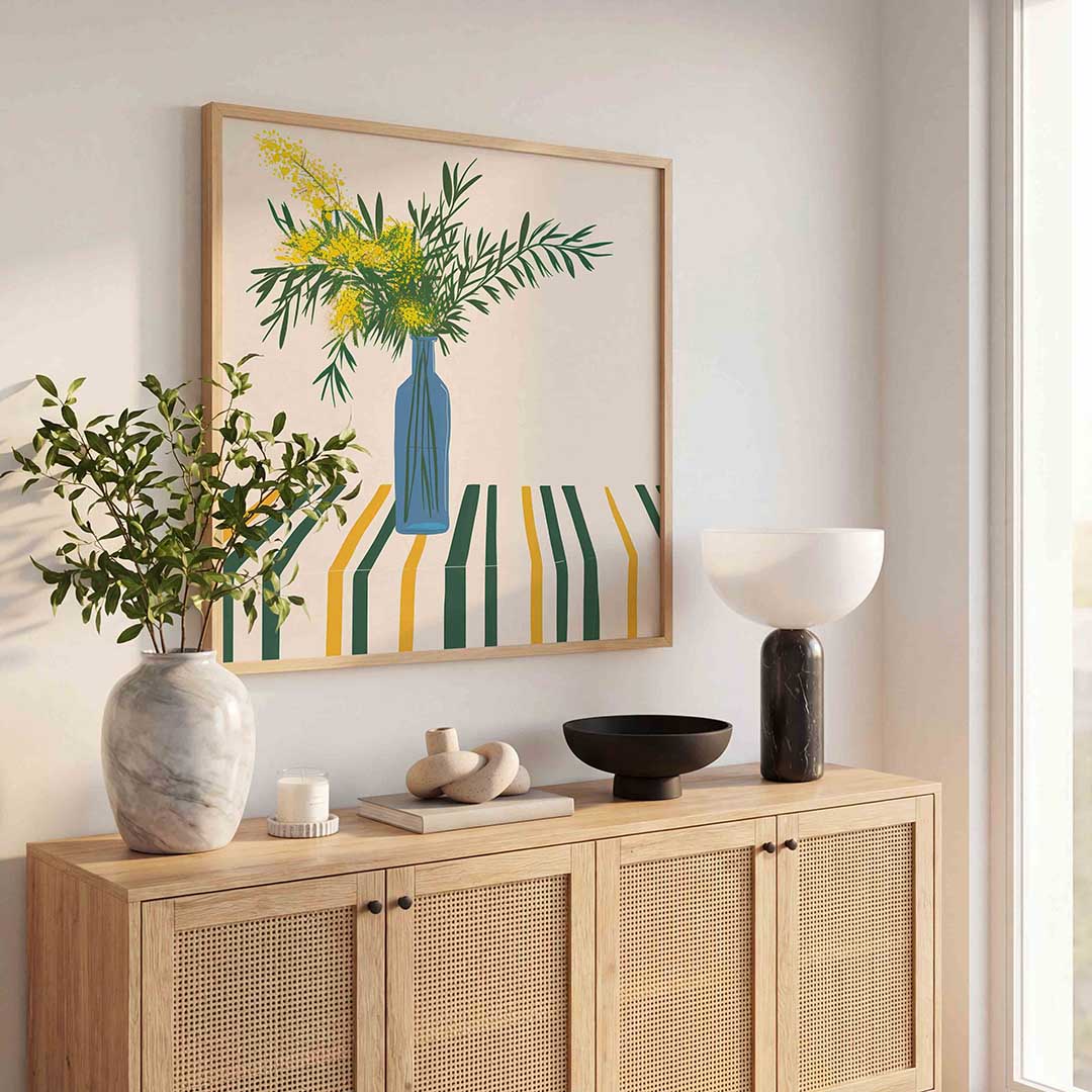 Blauwe vaas met bloemen – kunst en design poster in vierkant formaat
