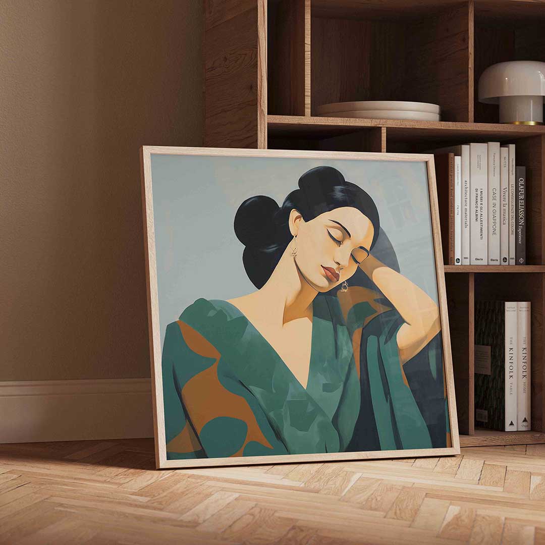 Vrouw met gesloten ogen – geïllustreerde wandkunst als vierkante poster