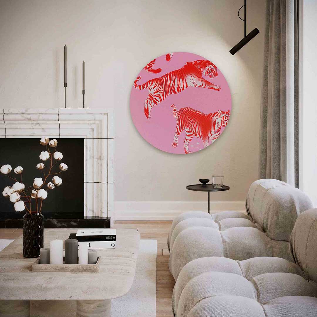 Tijgers op roze – abstracte textuur muurcirkel als wanddecoratie