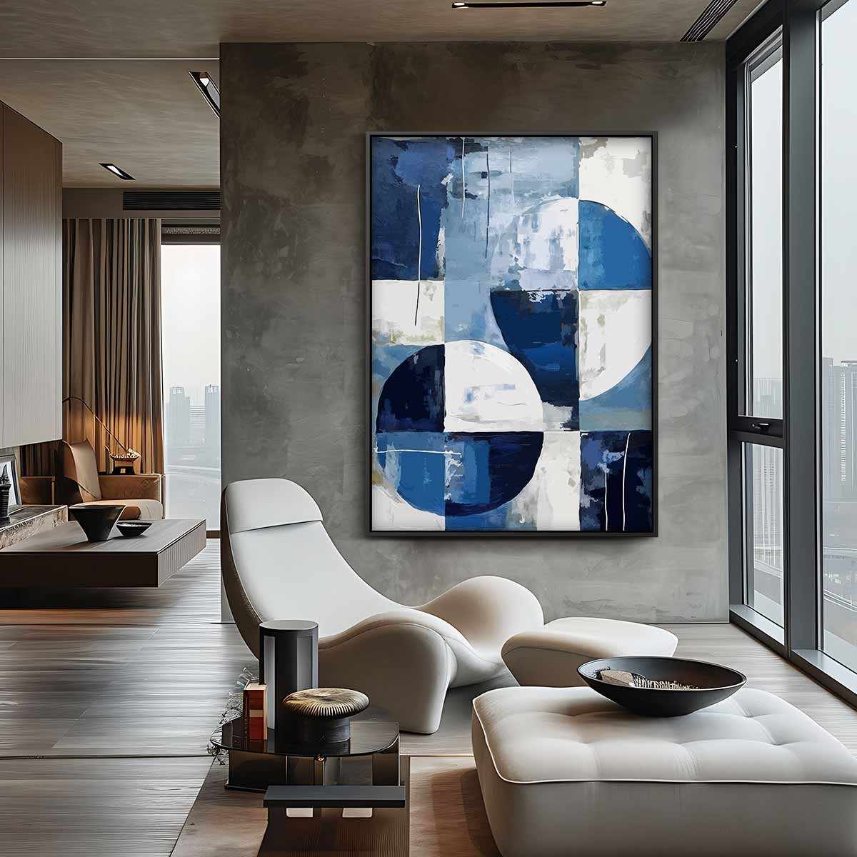 Abstract Geometrisch Blauw – canvas wanddecoratie in portret formaat