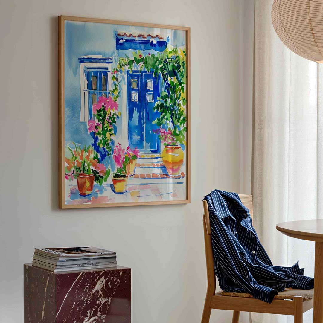 Blauwe deur en bloemen – kleurrijke illustratie poster in staand formaat