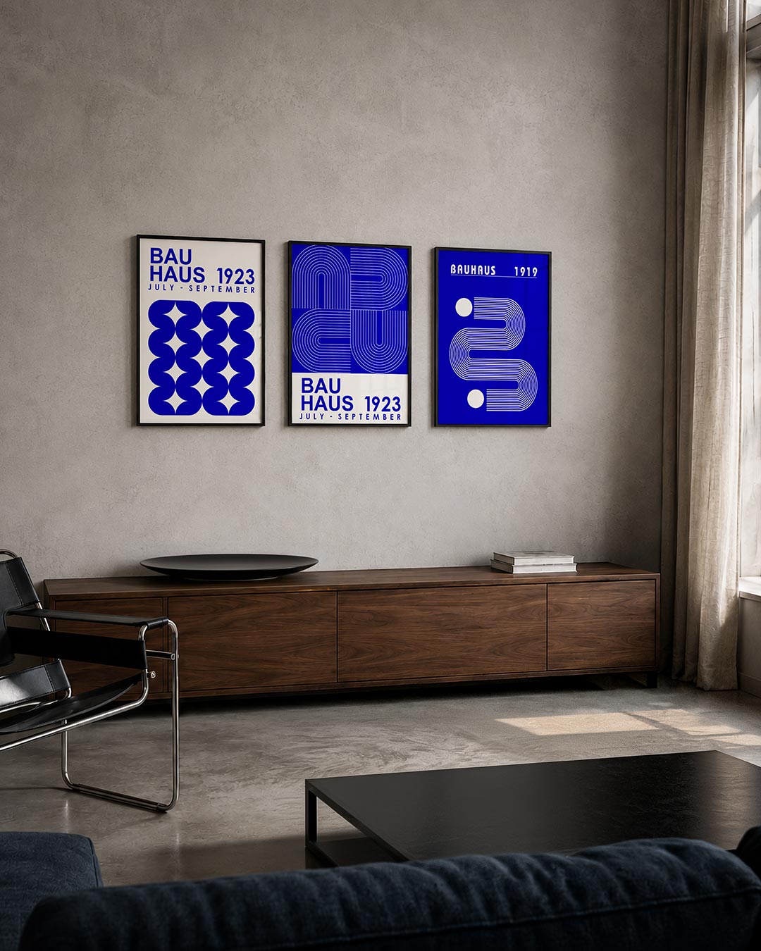 Vorm en kleur posterset – tweede productweergave – deze posterset in drie delen toont een ritmisch lijnenspel van blauwe