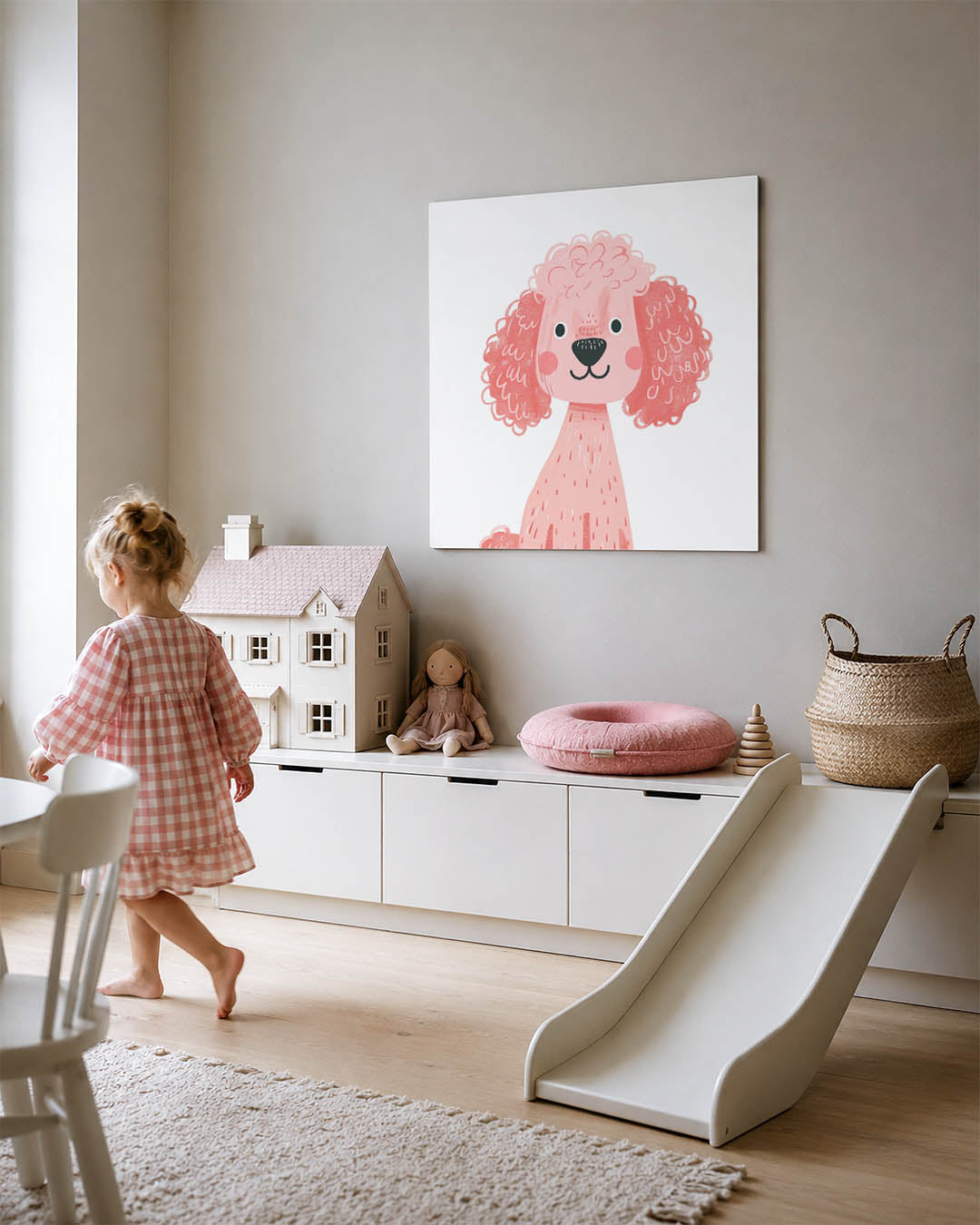 Vrolijke hond illustratie kunstwerk – tweede productweergave – dit kunstwerk toont een speelse hond met krullend haar en een