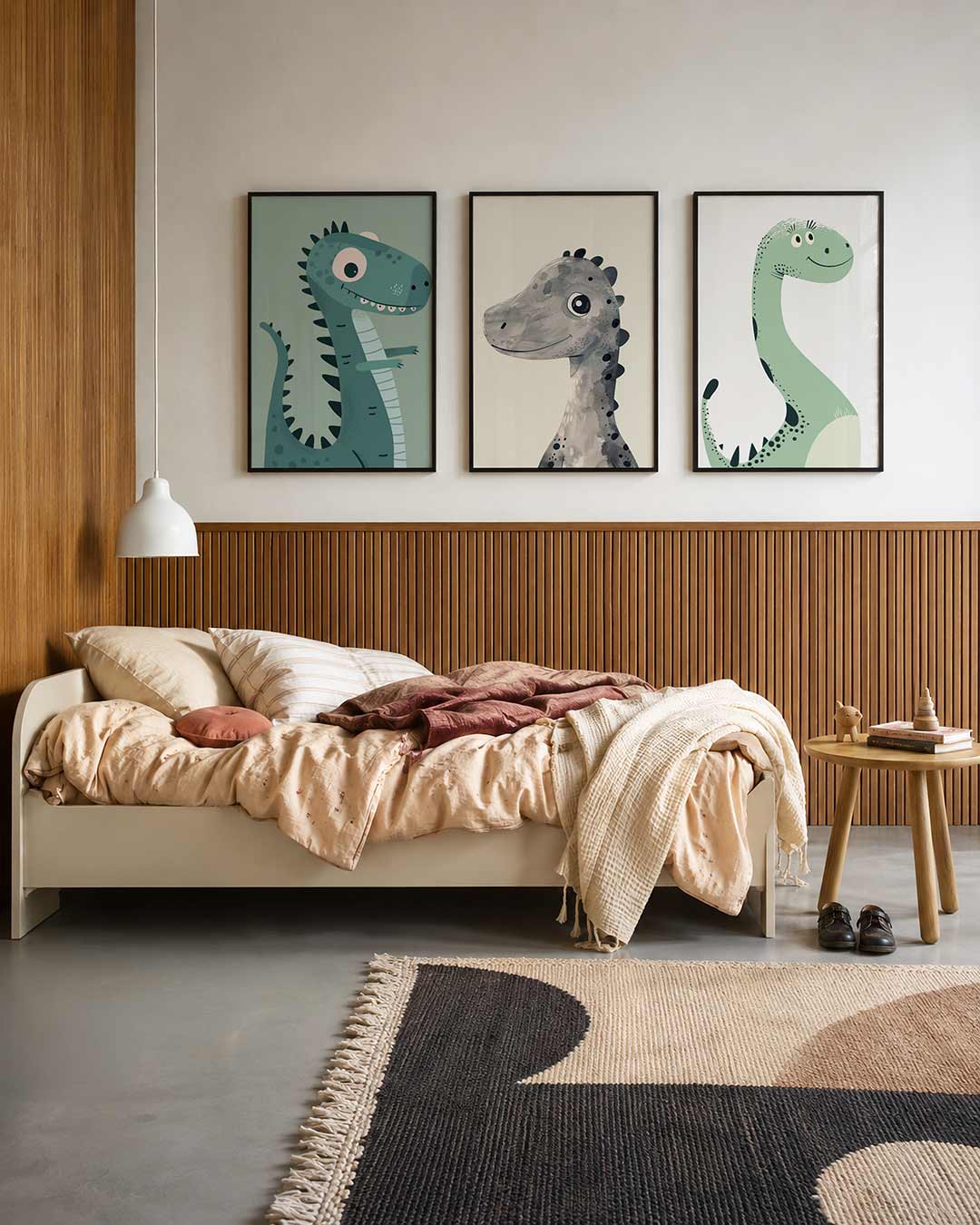 Vrolijke dino driedelige posterset – een speelse dino met grote ogen en een glimlach