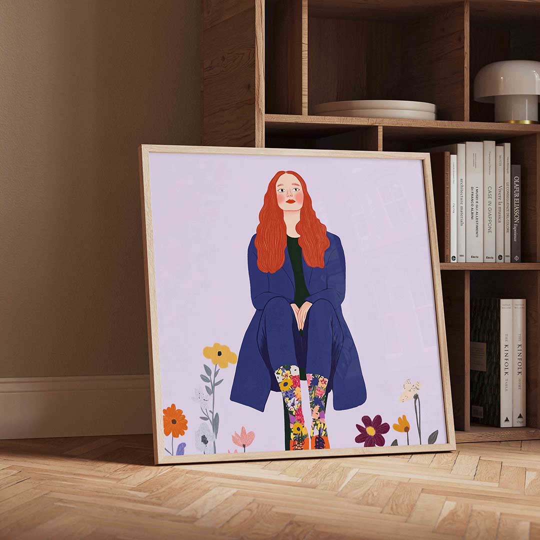 Vrouw met bloemenlaarzen – vierkante moderne wanddecoratie van WallArtistic