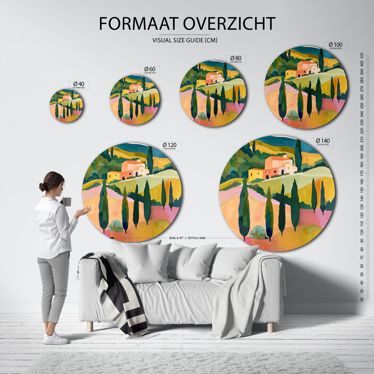 Landschap met cipressen – ronde muurdecoratie met kleur en vorm