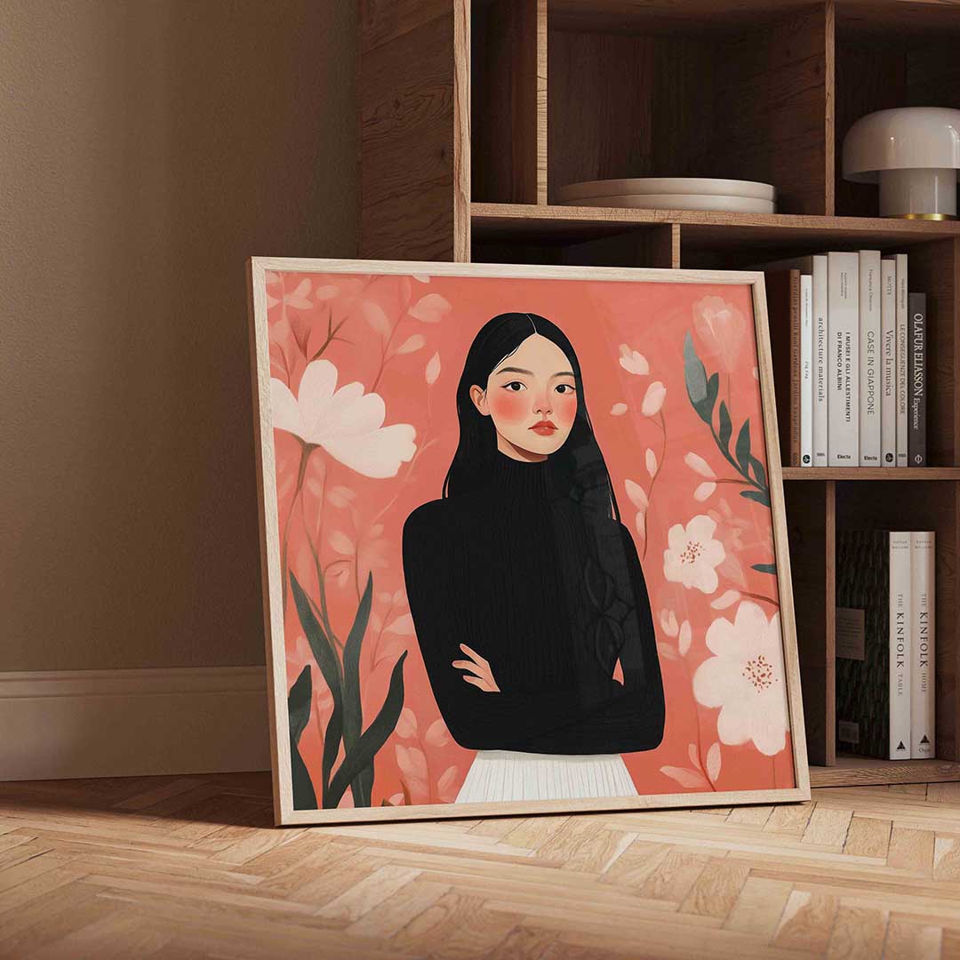 Vrouw met bloemen – vierkante moderne wanddecoratie van WallArtistic