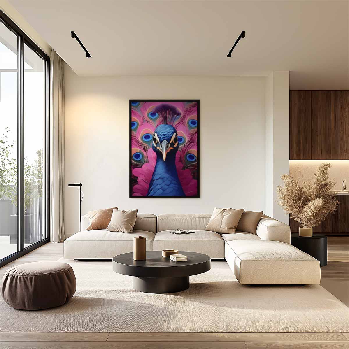 Pauwenpracht in Felle Kleuren – staand kunstwerk voor modern interieur