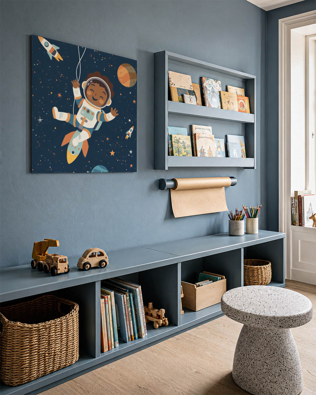 Vrolijke ruimte avontuur kunstwerk – detailweergave – een speels werk met een lachende astronaut zwevend tussen sterren en