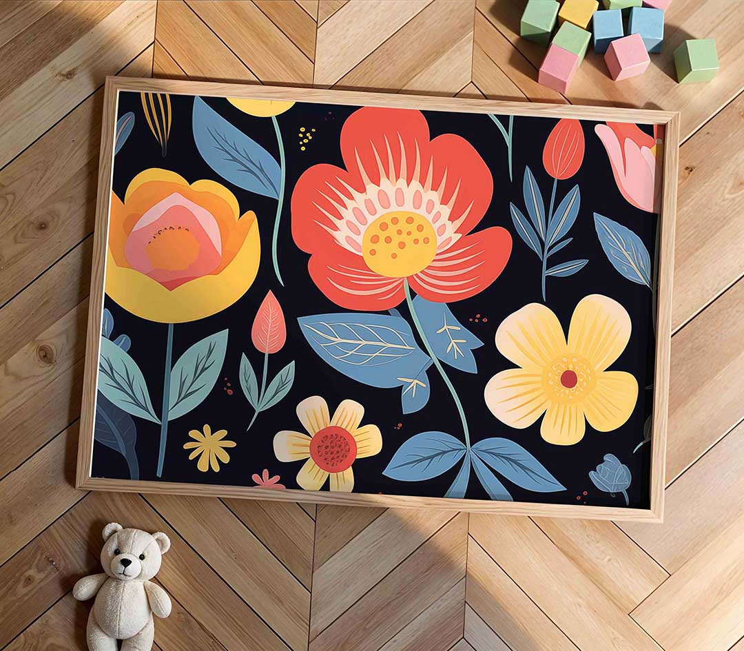 Bloemen en bladeren – speelse wandkunst als landscape kinderposter