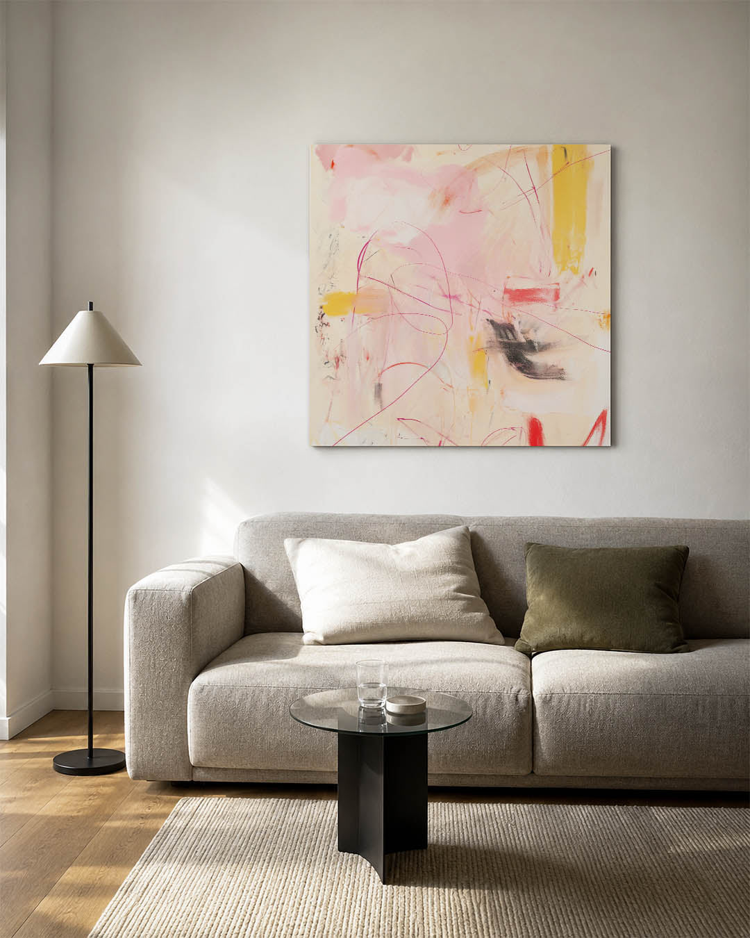 Dynamische kleurenexplosie kunstwerk – vierkante wanddecoratie – dit kunstwerk toont een levendige mix van roze, geel en