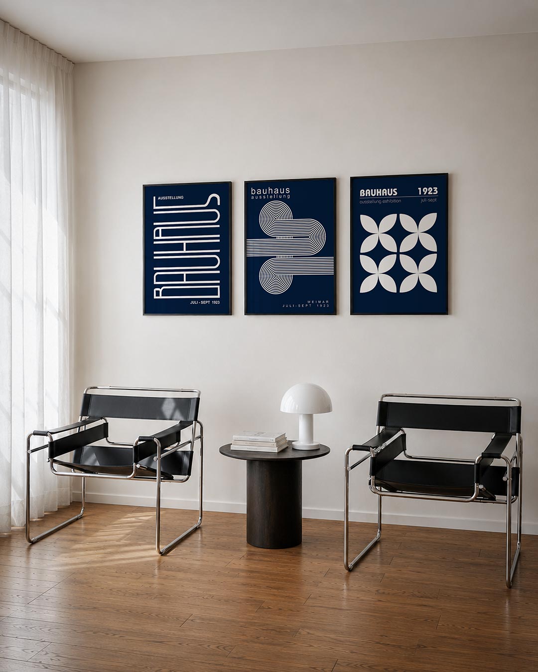 Lijnen en vlakken driedelige posterset – donkerblauwe achtergrond met witte, vloeiende lijnen die een ritmisch patroon