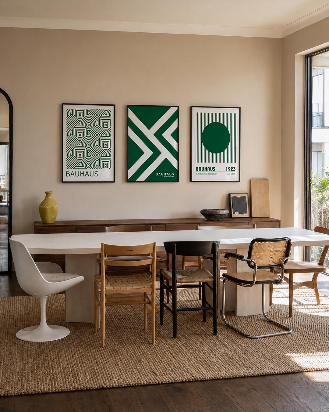 Lijnen en patronen posterset – tweede productweergave – deze posterset in drie delen toont een ritmisch lijnenspel van groene