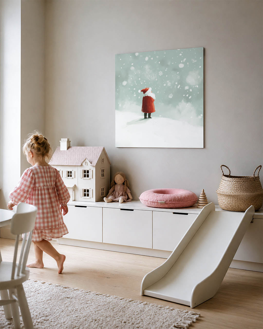 Winterlandschap met figuur kunstwerk – tweede productweergave – dit werk toont een eenzame figuur in een rood gewaad, omgeven