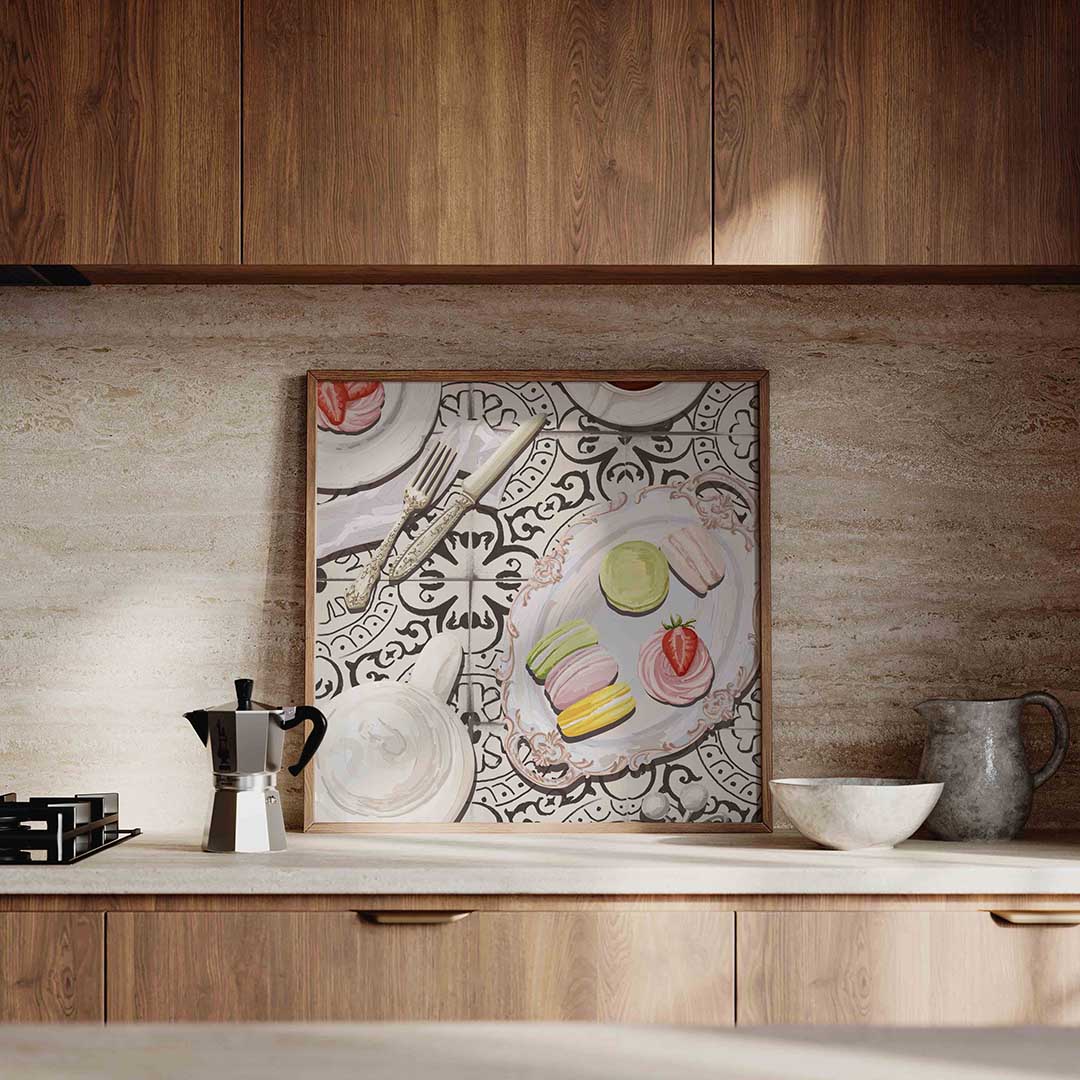 Macarons en aardbei – culinaire wandkunst als vierkante poster