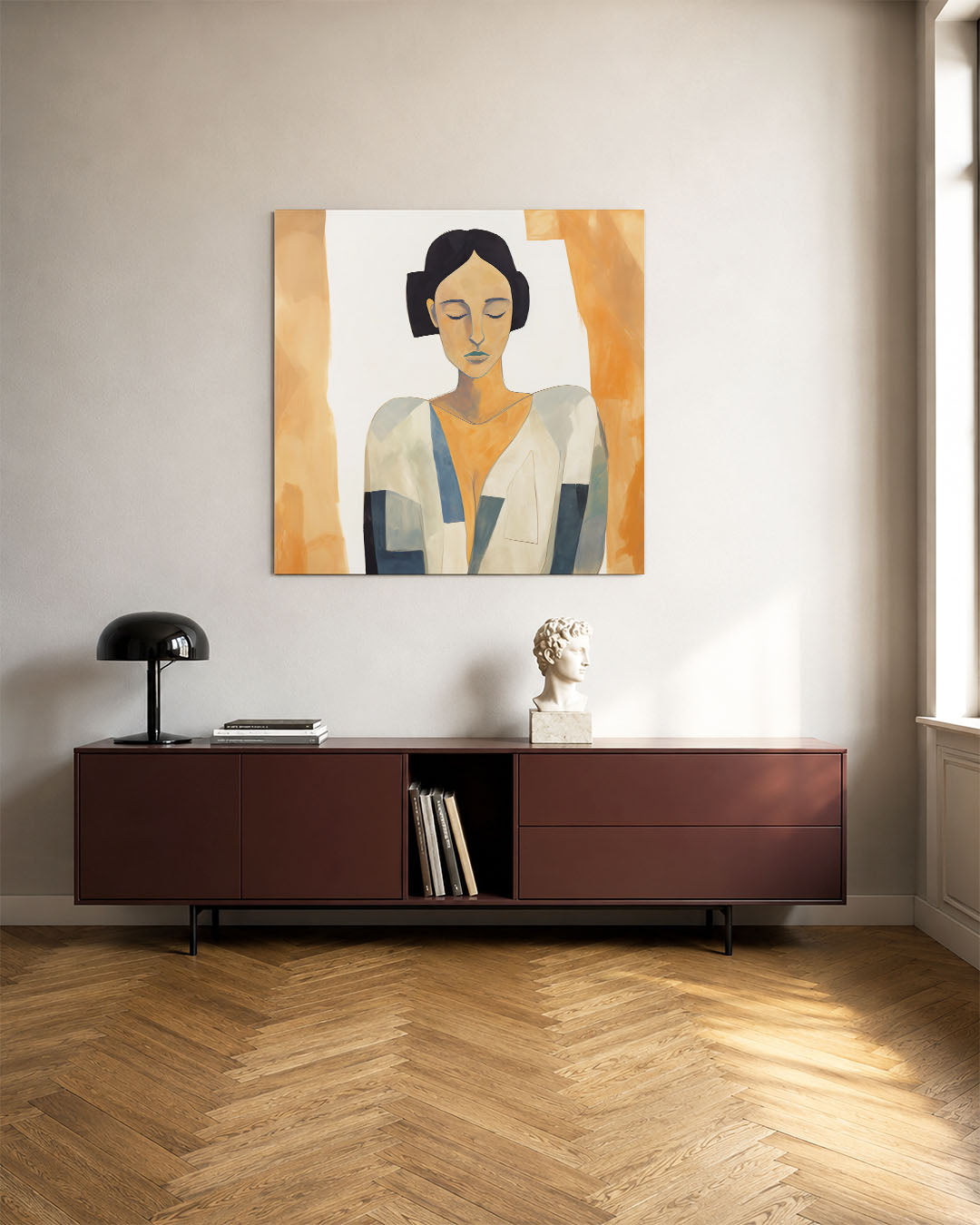 Vrouwelijk portret kunstwerk – tweede productweergave – dit kunstwerk toont een vrouw met gesloten ogen, omlijst door zachte