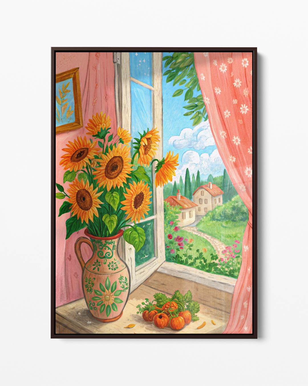 Zonnige Zonnebloemen aan het Raam – portret kunstwerk als wanddecoratie