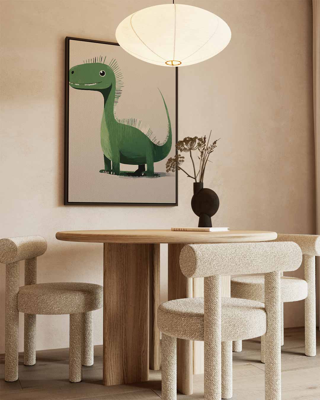 Groene Dino Vrolijkheid – staand kunstwerk voor modern interieur