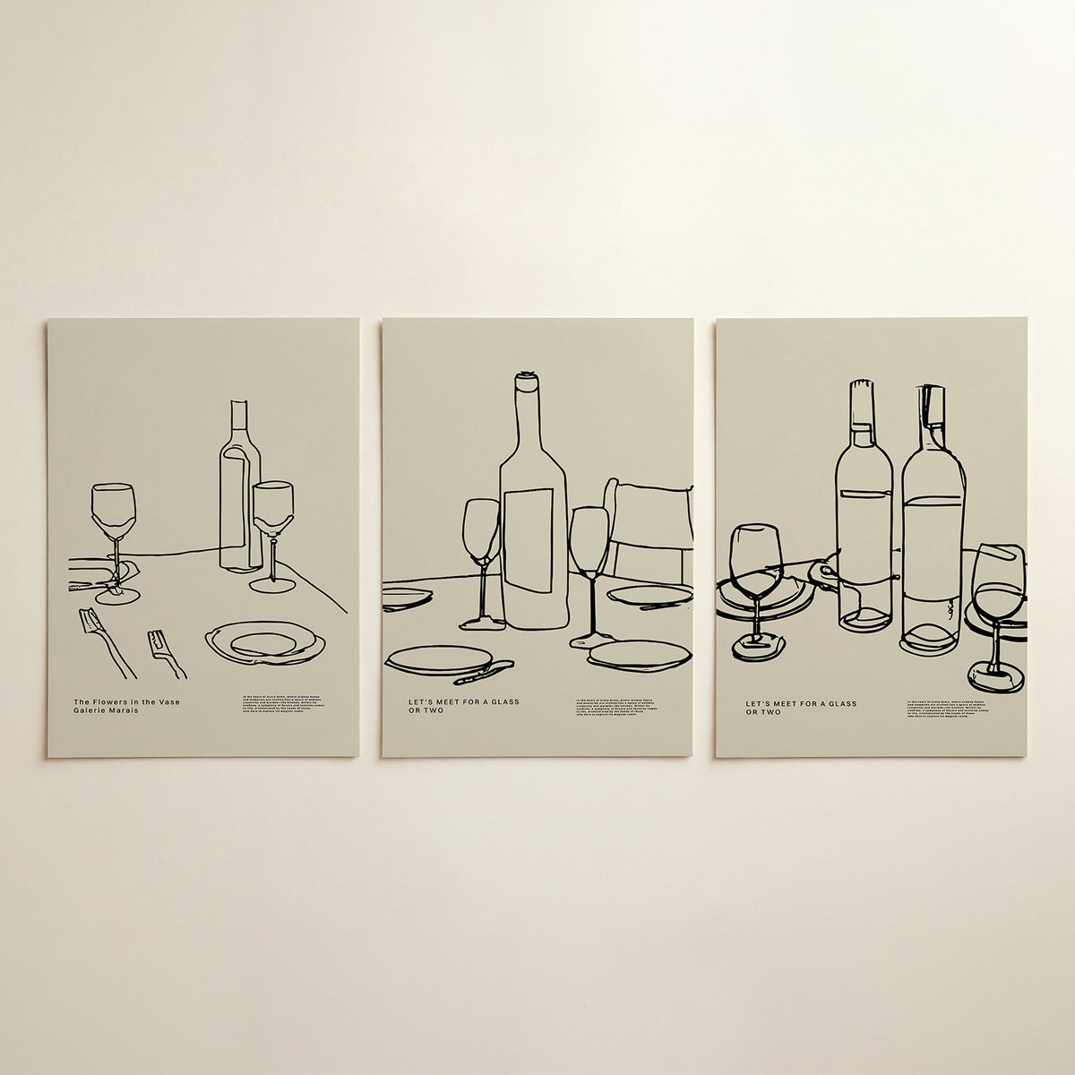 Lijnen en tafereel – driedelige posterset in interieur