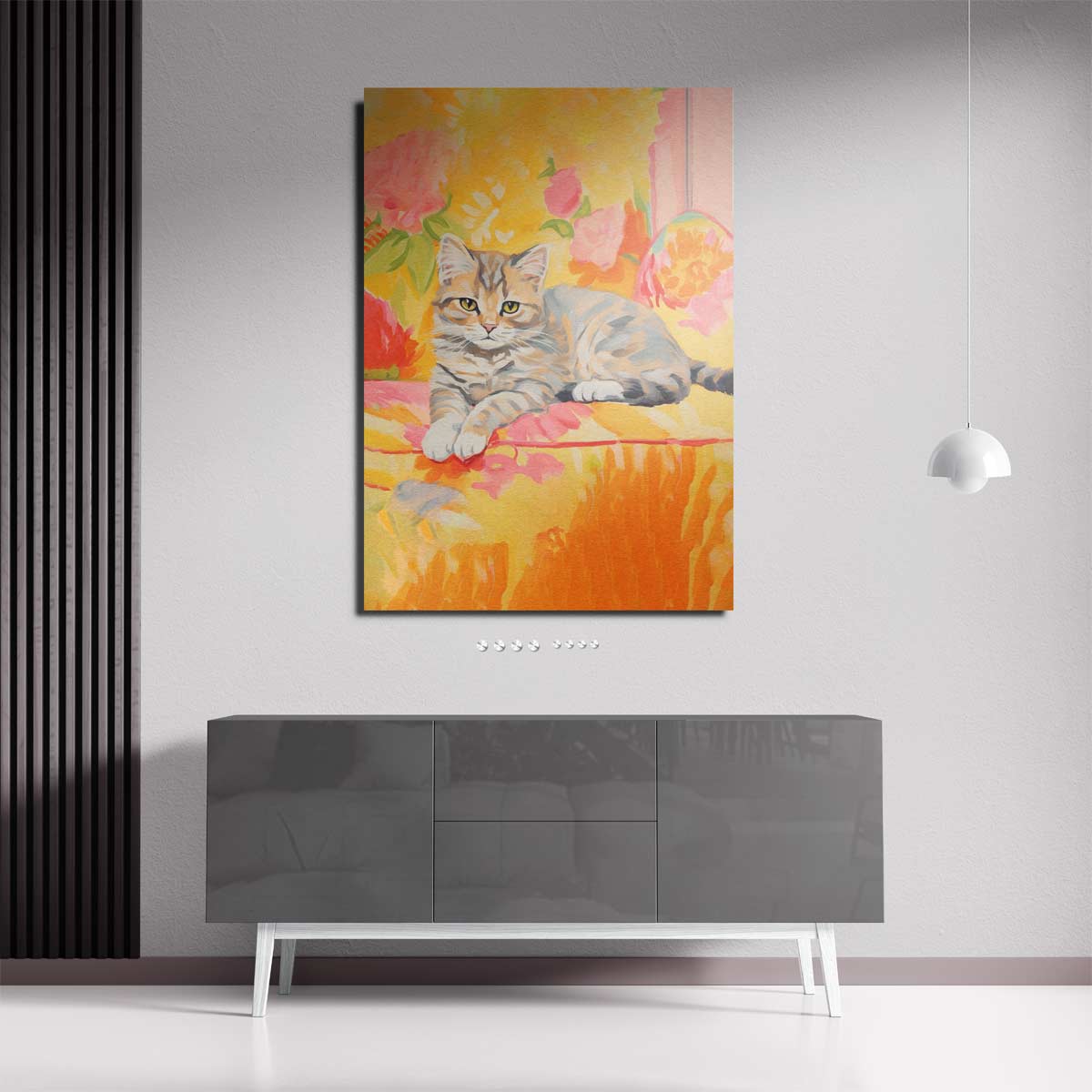 Zomerse Kat in Bloemen – staande wandkunst voor woonkamer of interieur