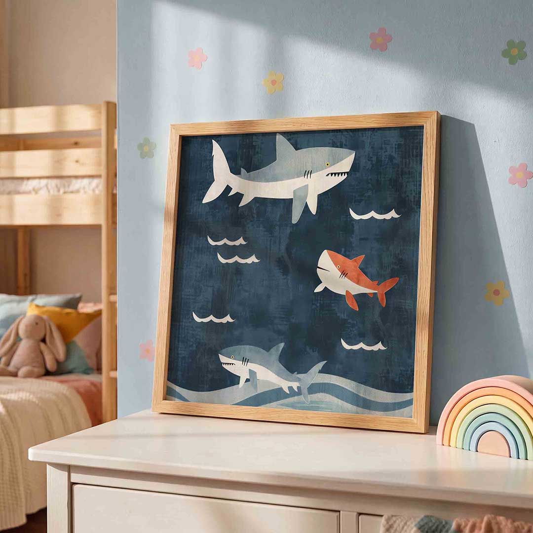 Haaien en golven – speelse wandkunst als vierkante kinderposter