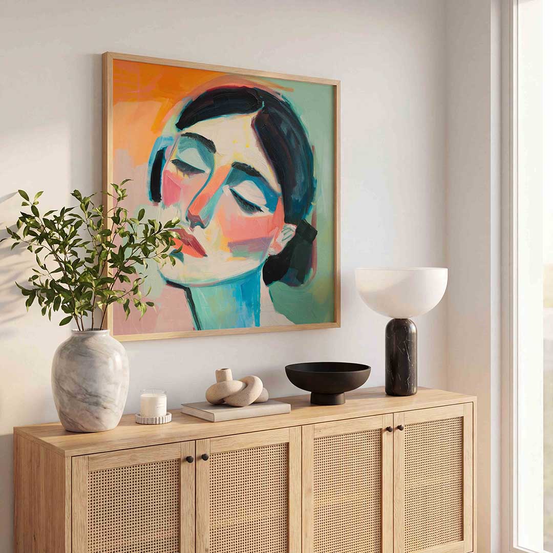 Dromerig gezicht – kunst en design poster in vierkant formaat