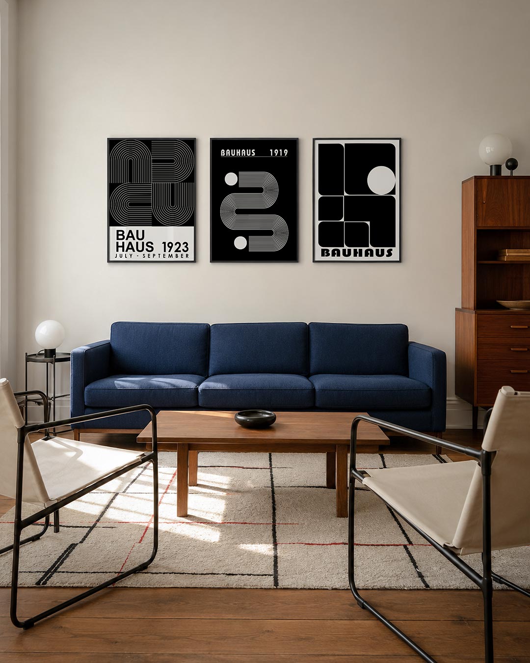 Lijnen en vlakkenspel driedelige posterset – deze posterset in drie delen toont een dynamisch spel van witte lijnen op een