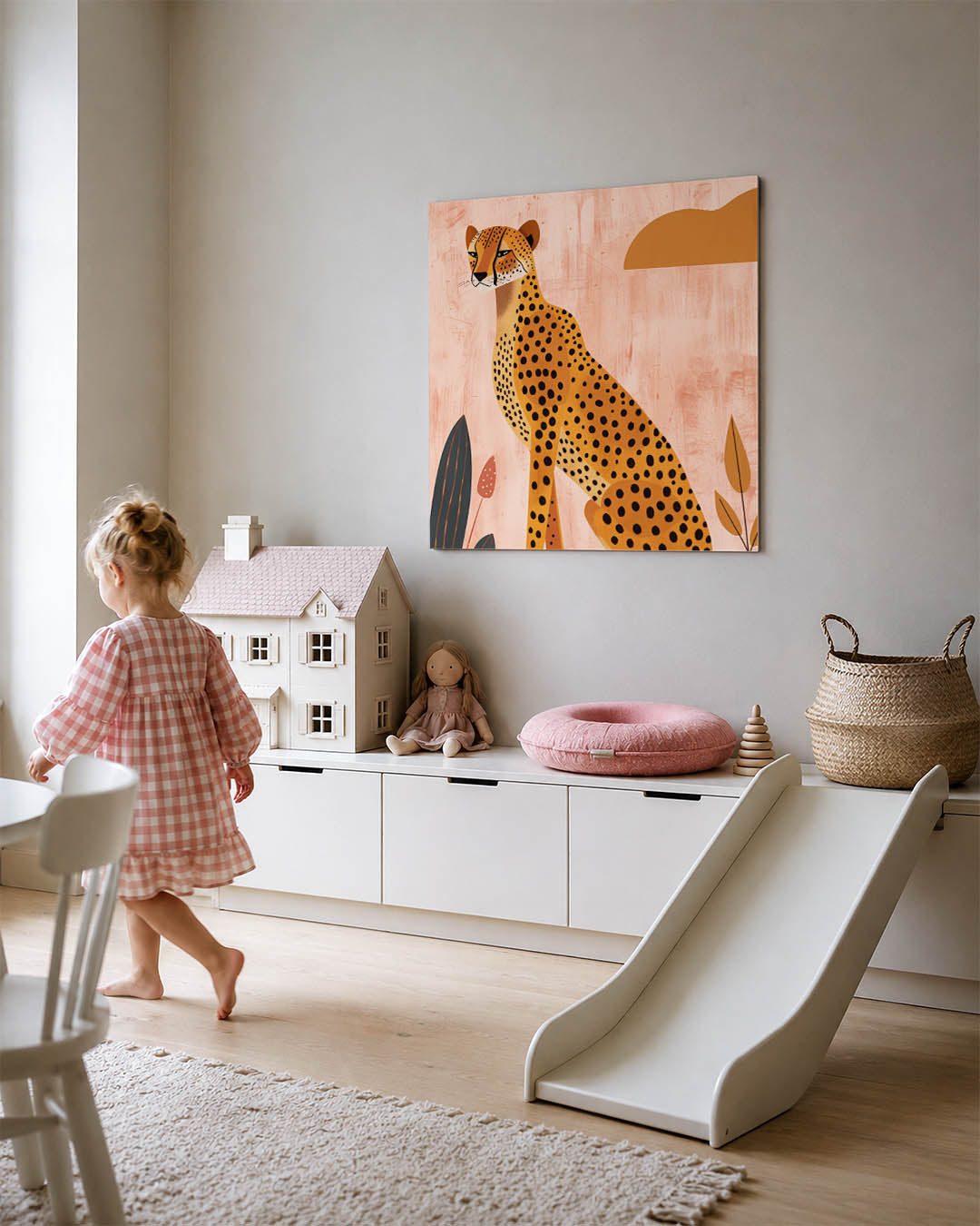 Gestileerde jachtluipaard kunstwerk – tweede productweergave – dit kunstwerk toont een gestileerd jachtluipaard tegen een