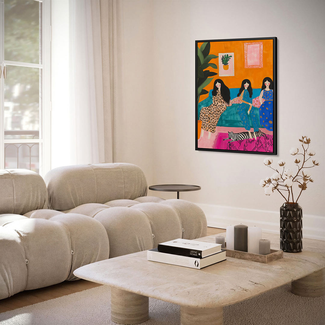 Vrolijke interieur scène – kunstwerk als stijlvolle wanddecoratie