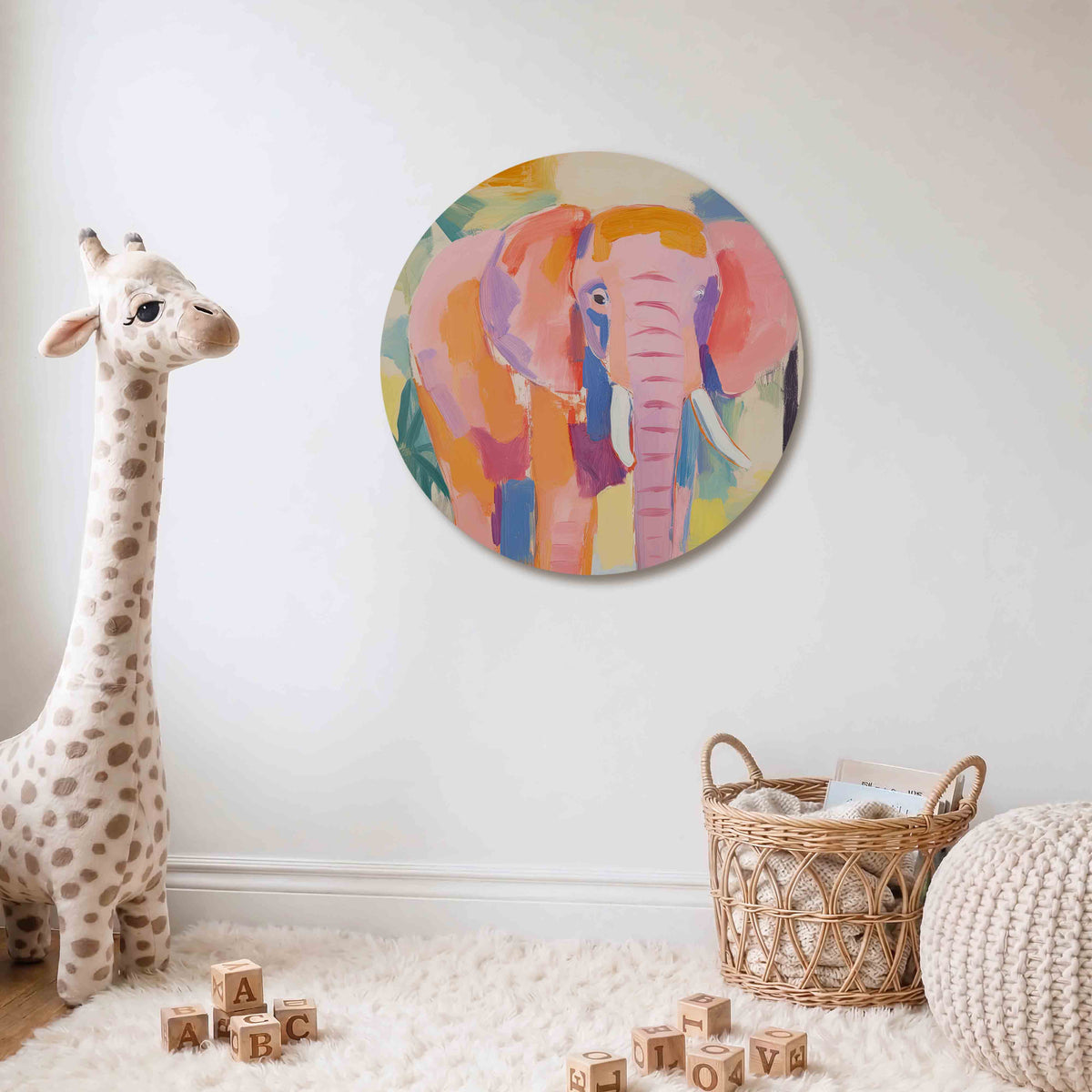 Roze olifant Muurcirkel – Een olifant in roze en oranje tinten met groene bladeren op de achtergrond.