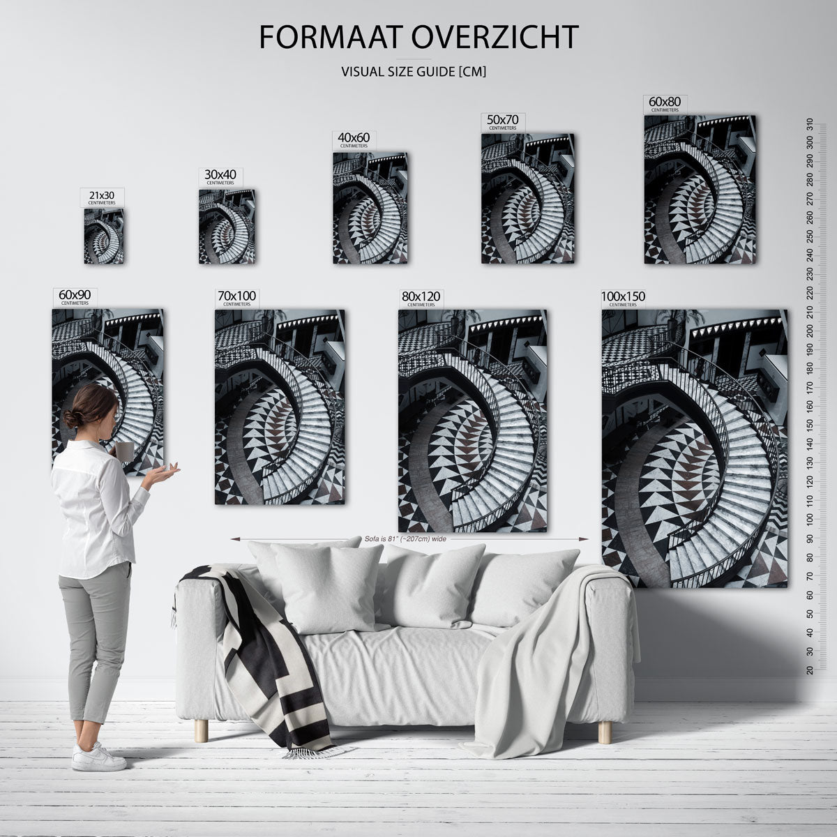 Geometrische trap poster – sfeerbeeld – deze poster toont een sierlijke wenteltrap met geometrische patronen. De
