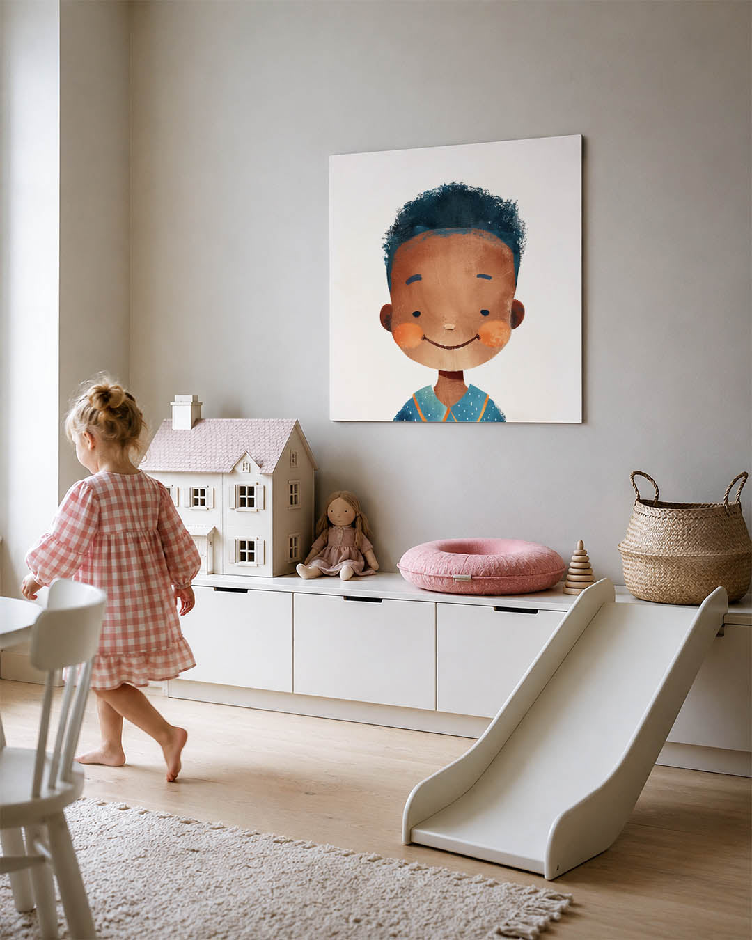 Vrolijk portret kind kunstwerk – tweede productweergave – dit kunstwerk toont een vrolijk kind met een brede glimlach. De