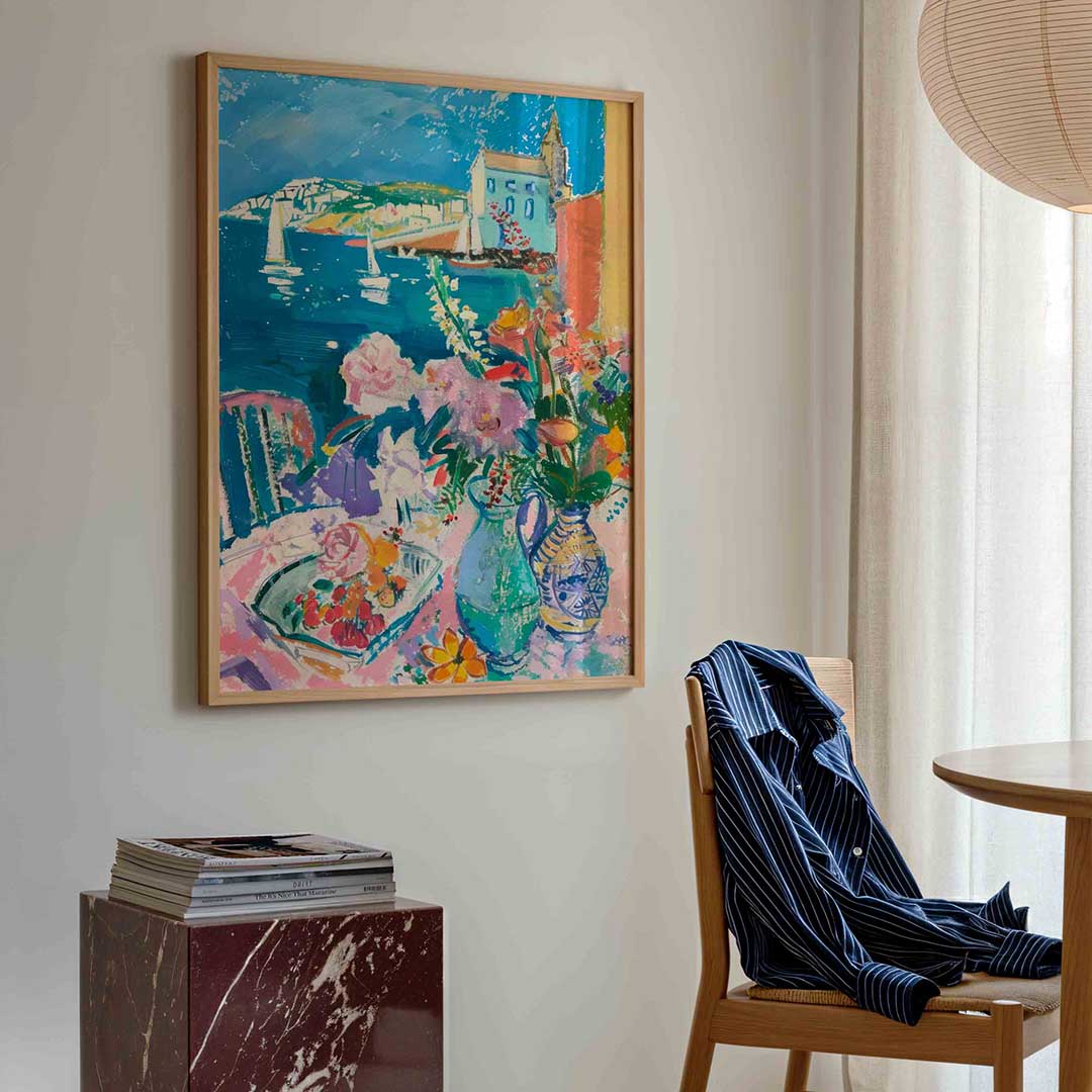 Zeilboten en bloemen – kleurrijke illustratie poster in staand formaat
