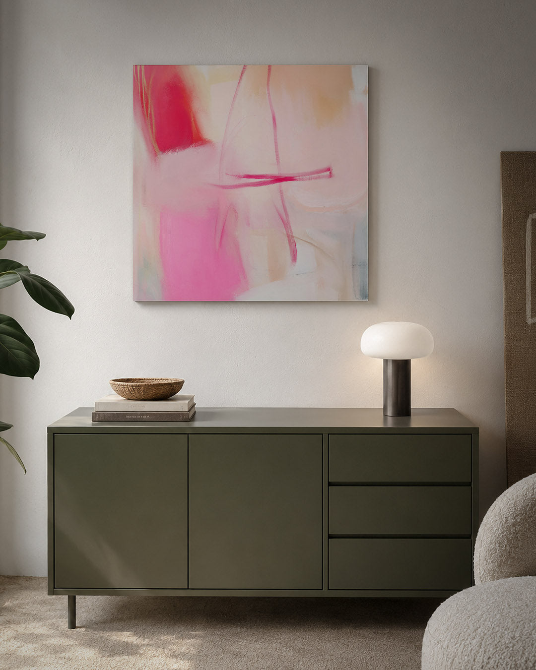 Zachte kleuren compositie kunstwerk – detailweergave – dit werk toont een vloeiende compositie van roze en beige tinten met