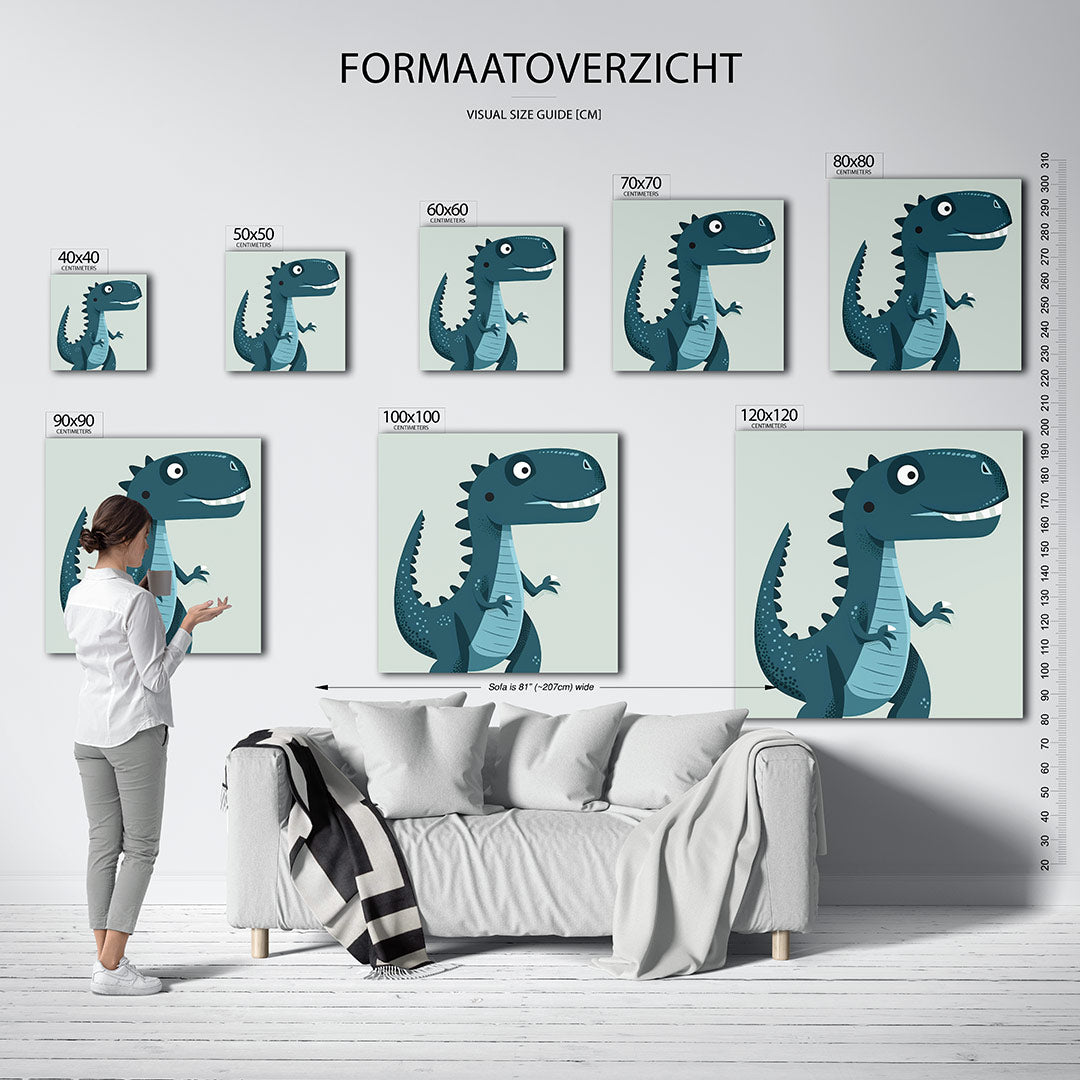 Speelse dino illustratie kunstwerk – sfeerbeeld – dit werk toont een speelse dinosaurus met een glimlach. De zachte vormen en