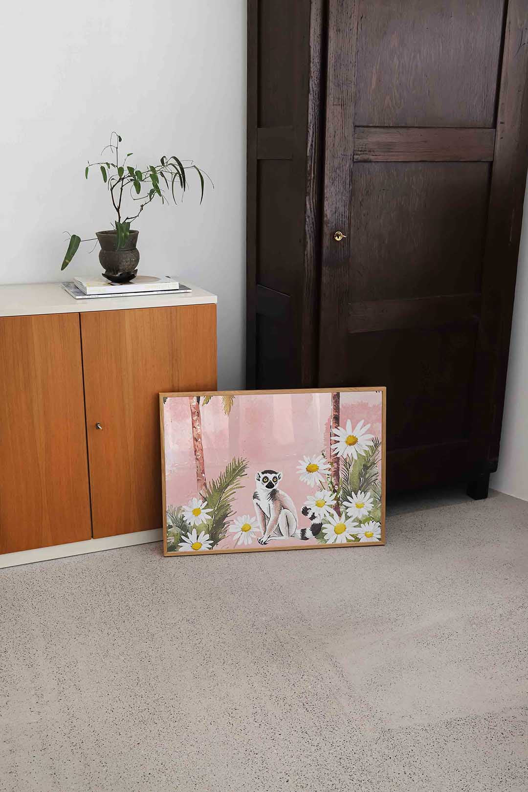 Lemur en bloemen – dierenillustratie als landscape poster