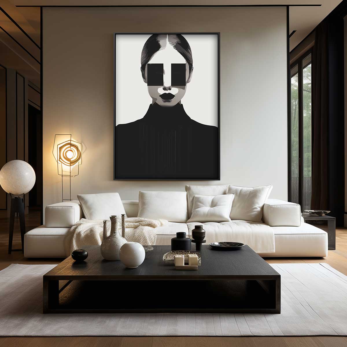 Vrouw met zonnebril – staand kunstwerk voor modern interieur