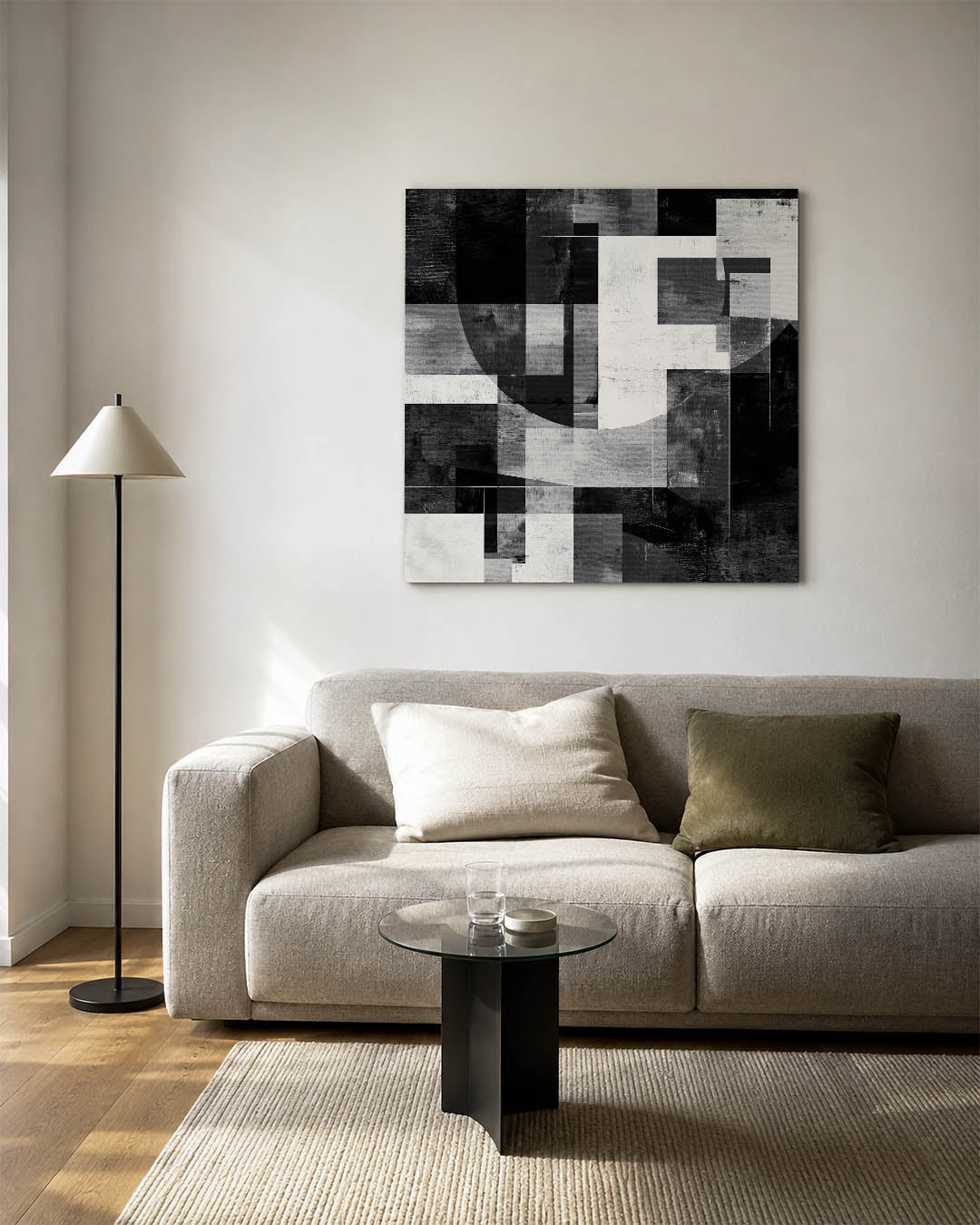 Geometrische vormen compositie kunstwerk – vierkante wanddecoratie – dit werk toont een dynamisch spel van rechthoeken en