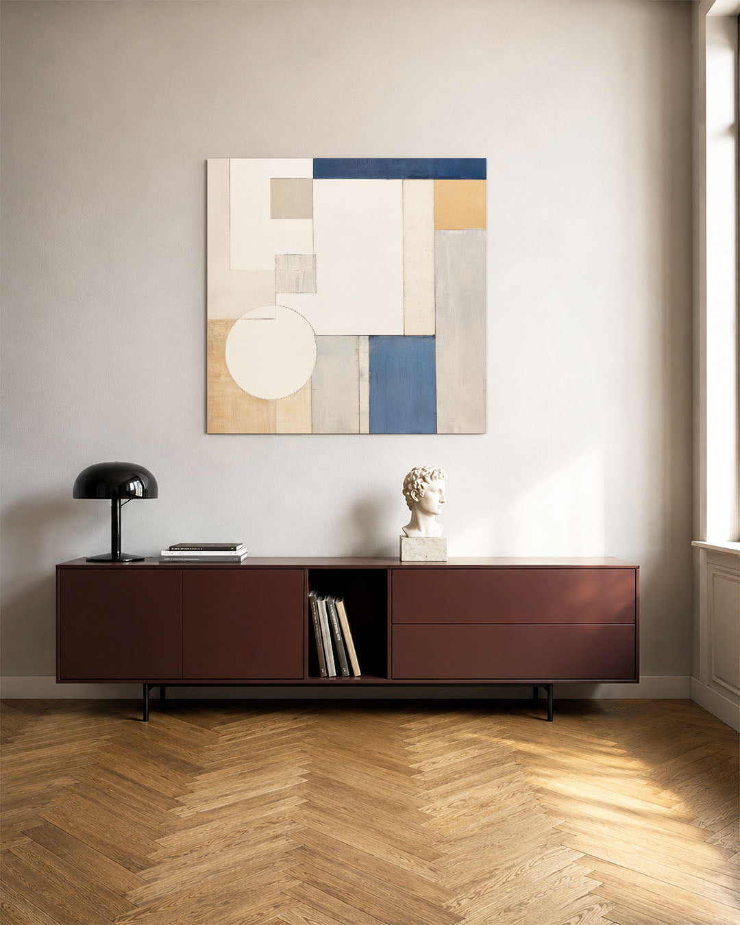 Geometrische vormen compositie kunstwerk – tweede productweergave – dit werk toont een harmonieuze compositie van rechthoeken