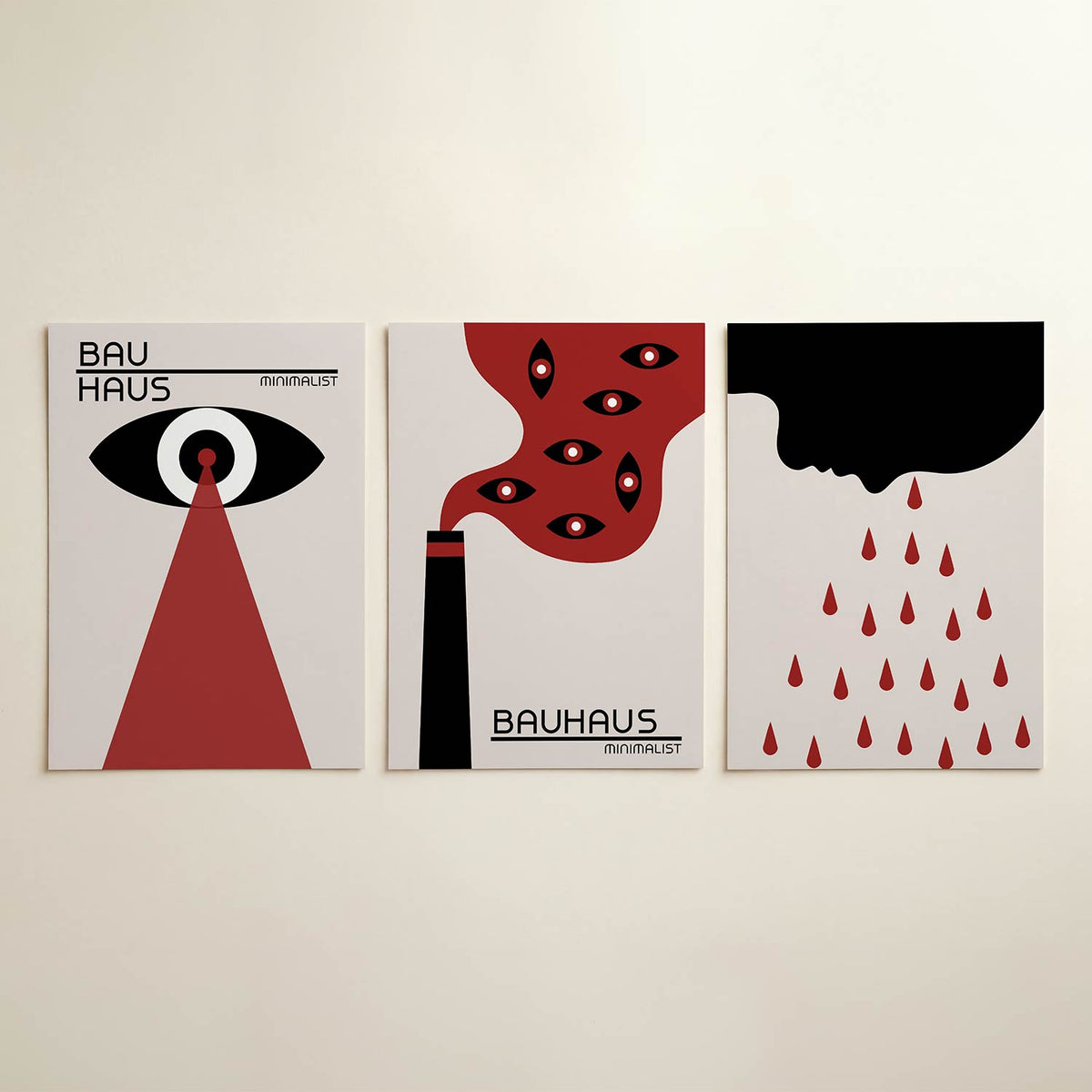Oog en stralen posterset – detailweergave – een zwart-wit oog met een rode straal die naar beneden wijst. De compositie