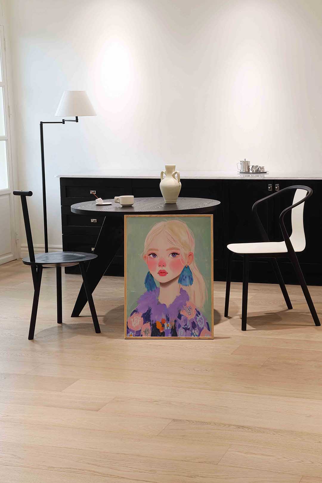 Portret met blauwe oorbellen – moderne wandkunst als portret poster